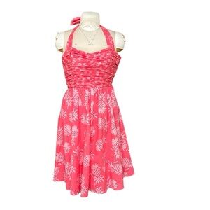 Tommy Bahama Pineapple Print Halter Dress Fit & Flare Melon Berry Pink 10